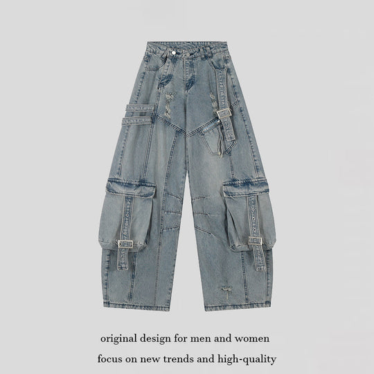 Damen weite Jeans-Cargo-Culotte mit taktischen Taschen, Gurtapplikationen und Used-Details Nord Taschen