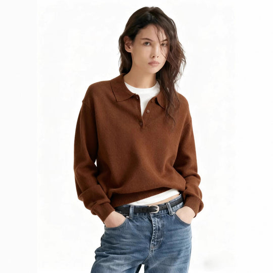 Damen Lässiger Polopullover aus weichem Strick Nord Taschen