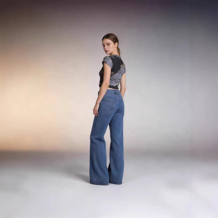 Damen hochgeschnittene Bundfalten-Weitbein-Jeans mit hohem Bund und Gürtelschlaufen Nord Taschen