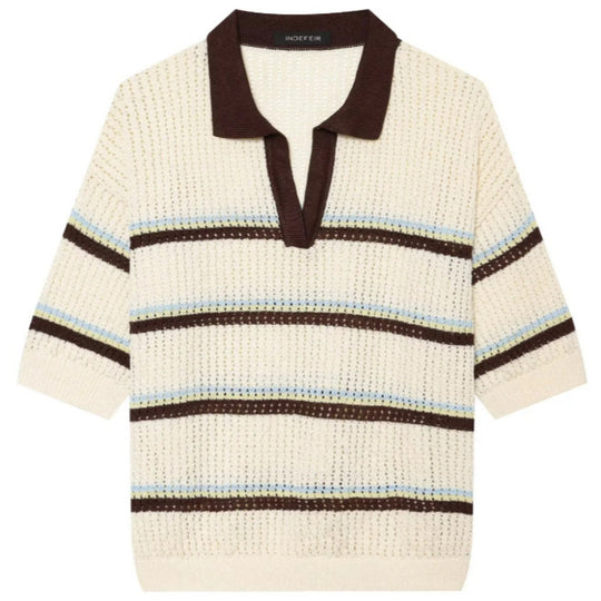 Damen Kurzarm Polo-Strickpullover mit V‑Ausschnitt, Strukturmuster und Streifendetail Nord Taschen