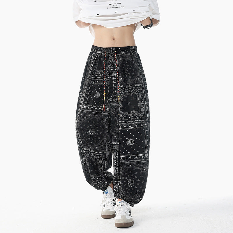Damen lässige Pluderhose im Ethno-Print mit elastischem Bund, Kordelzug und gesmokten Bündchen Nord Taschen