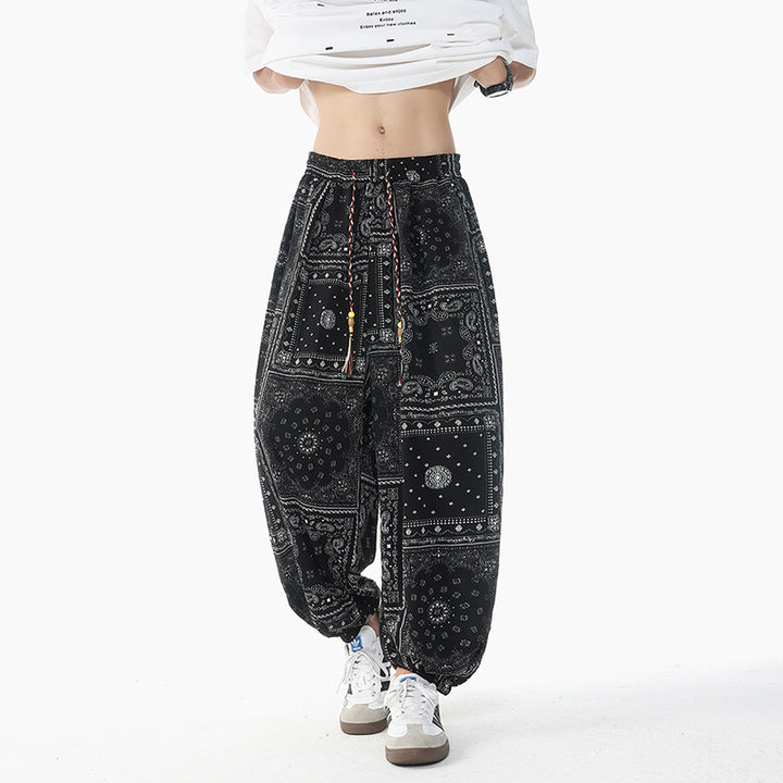 Damen lässige Pluderhose im Ethno-Print mit elastischem Bund, Kordelzug und gesmokten Bündchen Nord Taschen