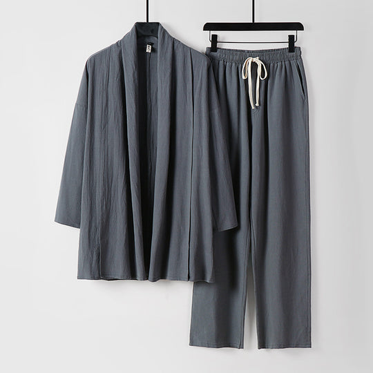 Unisex Lässiges Kimono-Zweiteiler aus atmungsaktivem Leinen-Viskose mit offenem Schalkragen und Kordelbundhose Nord Taschen