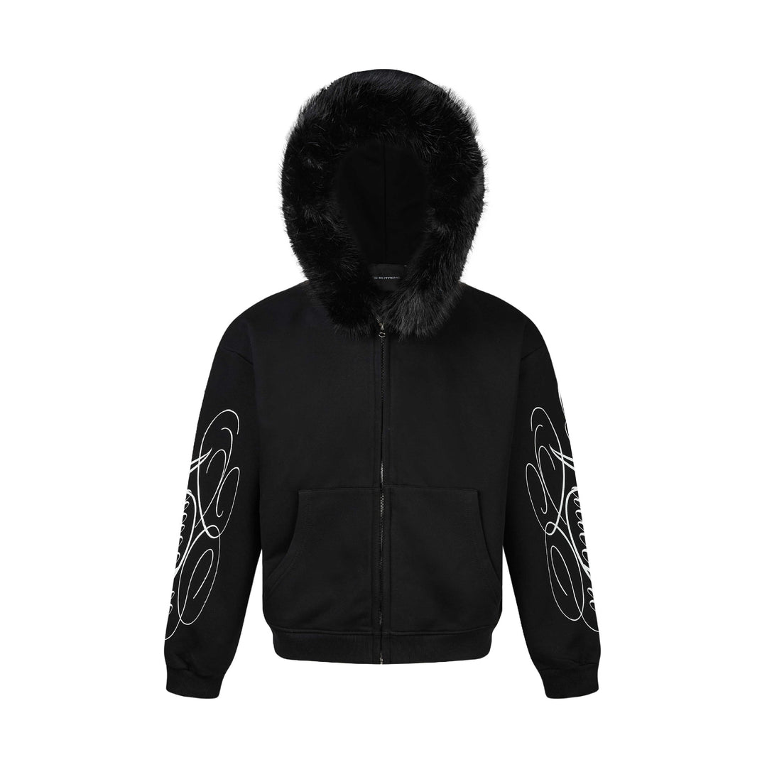 Unisex Oversize Kapuzenjacke aus Baumwollmix mit abnehmbarem Kunstfellbesatz und grafischen Ärmeldrucken Nord Taschen