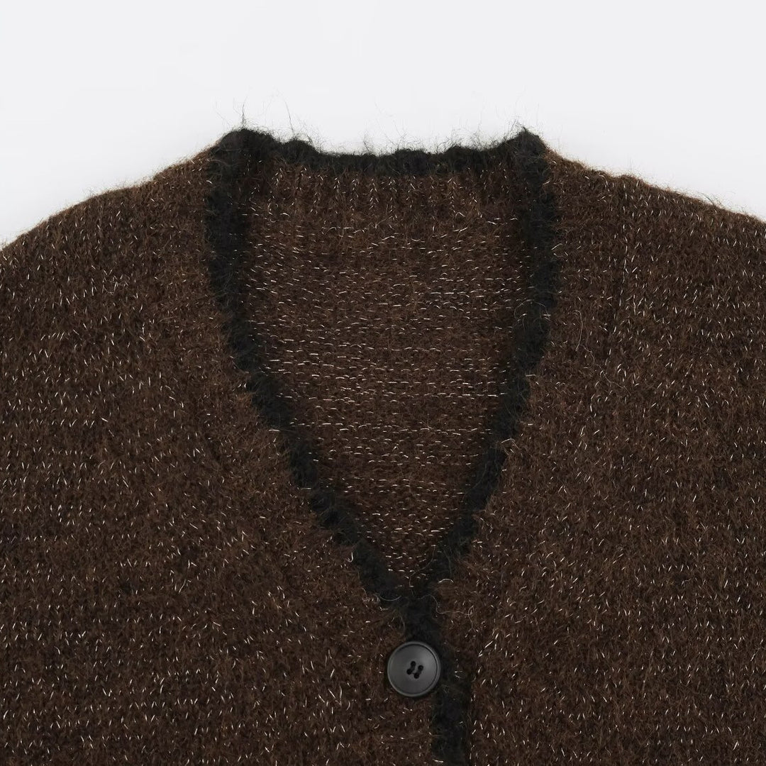 Damen Oversize Strickcardigan mit V-Ausschnitt, Knopfleiste und kontrastierenden Zierkanten Nord Taschen