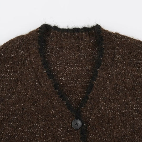 Damen Oversize Strickcardigan mit V-Ausschnitt, Knopfleiste und kontrastierenden Zierkanten Nord Taschen