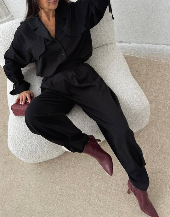 Damen Zweiteiliges Loungewear-Set mit Oversized-Bluse, Pattentaschen, Kordelmanschetten und hochtaillierter Jogpant Nord Taschen