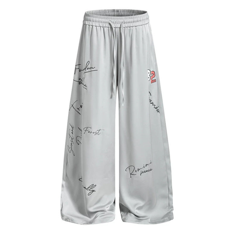 Damen Weite Satin-Palazzo-Loungehose mit Elastikbund, Kordelzug und Script-Print Nord Taschen