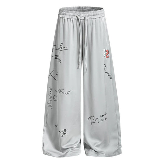 Damen Weite Satin-Palazzo-Loungehose mit Elastikbund, Kordelzug und Script-Print Nord Taschen