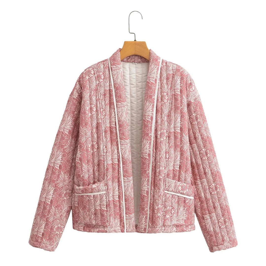 Damen Leichte gesteppte Jacke im Kimono-Stil mit floralem Blockdruck und Kontrastpaspel Nord Taschen
