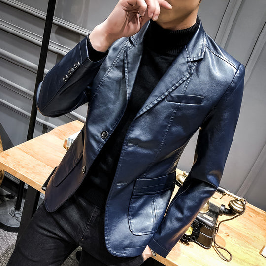Herren Lässiges Slim-Fit Kunstleder-Sakko mit Reverskragen und aufgesetzten Taschen Nord Taschen