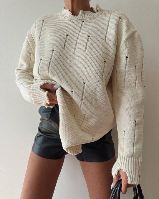 Damen Oversized Grobstrickpullover mit Distressed-Details und geripptem Saum Nord Taschen