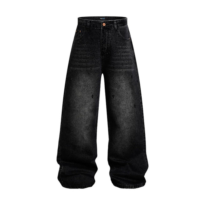 Damen Weite hochgeschnittene Baggy-Jeans mit Used-Wash und Steppdetail Nord Taschen
