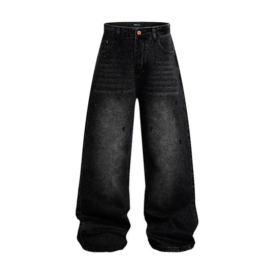 Damen Weite hochgeschnittene Baggy-Jeans mit Used-Wash und Steppdetail Nord Taschen