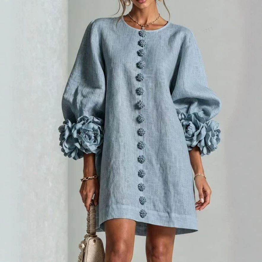 Damen Leinenkleid im A‑Linien‑Schnitt mit Ballonärmeln und 3D‑Blütenverzierung Nord Taschen