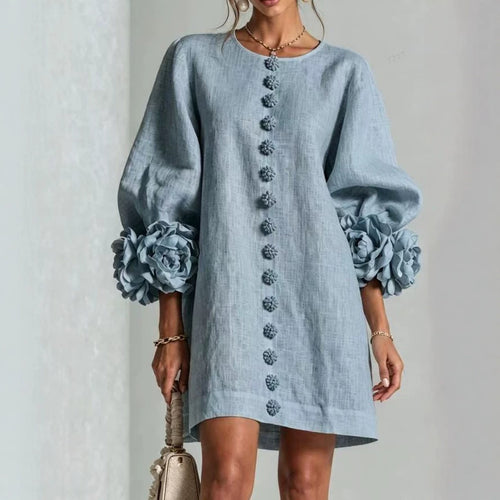Damen Leinenkleid im A‑Linien‑Schnitt mit Ballonärmeln und 3D‑Blütenverzierung Nord Taschen