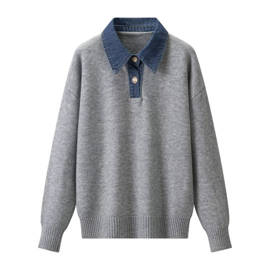 Damen Strickpullover mit Denimkragen und zweiknopf-Poloblende Nord Taschen