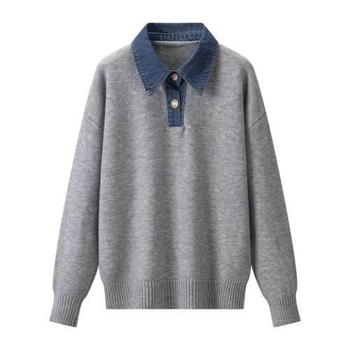 Damen Strickpullover mit Denimkragen und zweiknopf-Poloblende Nord Taschen
