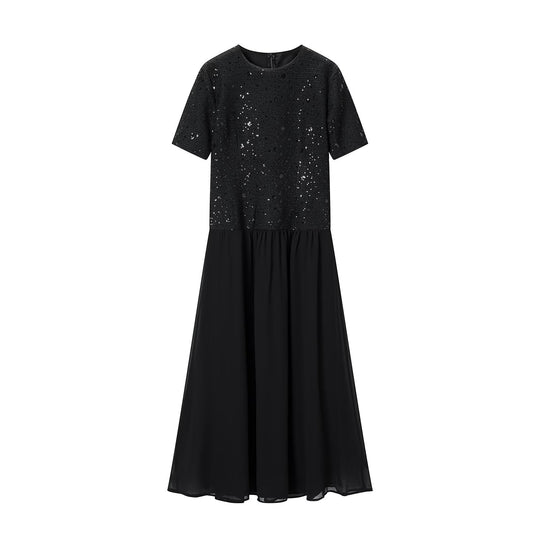 Damen Abendkleid mit Paillettenoberteil, kurzem Arm und fließendem Chiffon-Rock Nord Taschen