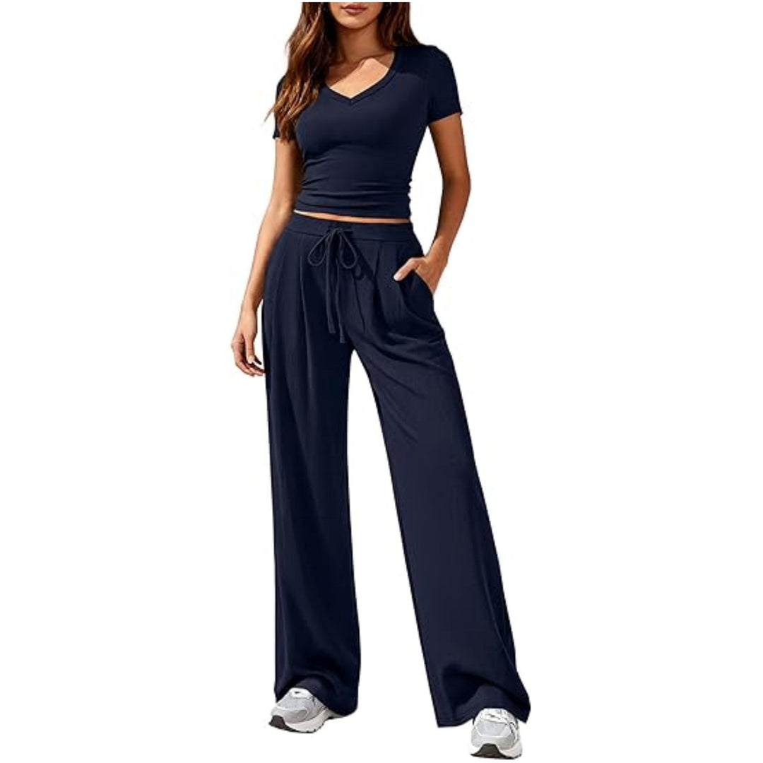 Damen Lässiges Lounge-Set mit tailliertem V-Ausschnitt bauchfreiem Top und weitem Kordelbund-Hose Nord Taschen