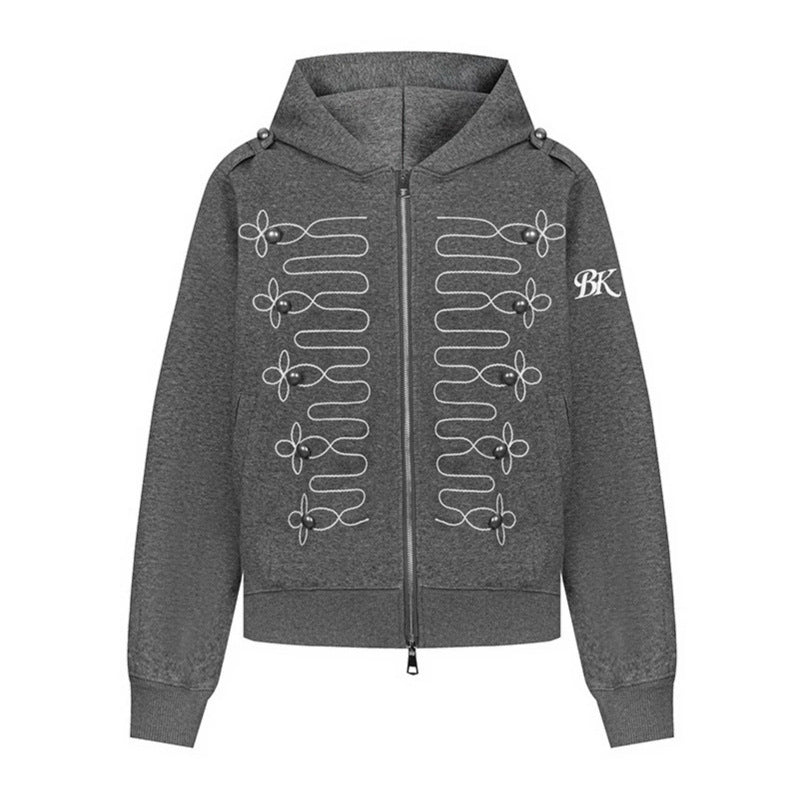 Damen Kapuzen‑Sweatjacke mit dekorischer Frogging‑Stickerei und Perlenknöpfen Nord Taschen