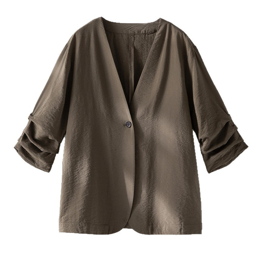 Damen Leichter Oversize-Blazer mit V-Ausschnitt, Ein-Knopf-Verschluss und gerafften Dreiviertelärmeln Nord Taschen