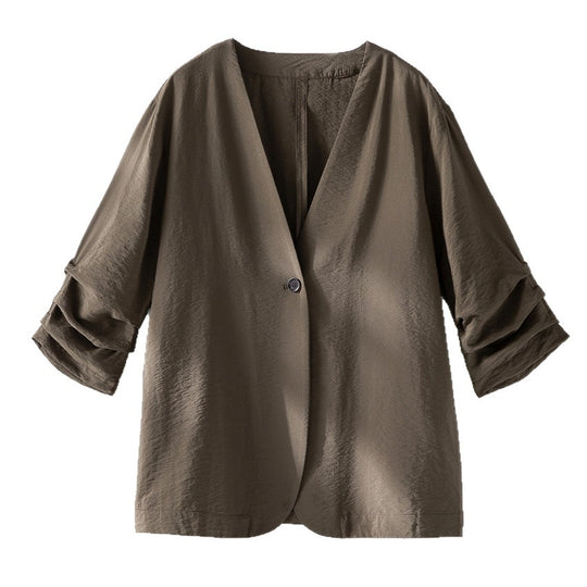 Damen Leichter Oversize-Blazer mit V-Ausschnitt, Ein-Knopf-Verschluss und gerafften Dreiviertelärmeln Nord Taschen