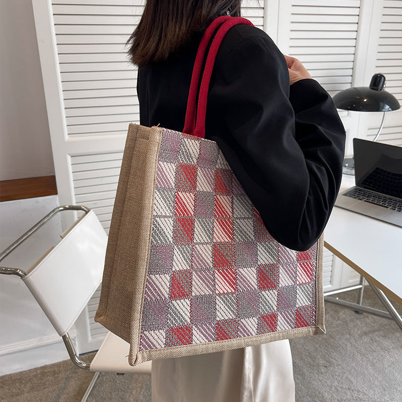 Damen Jute-Tragetasche mit modernem Karo-Design und stabilen Griffen Nord Taschen