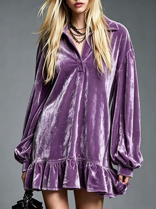 Damen Samt-Minikleid mit Volant-Saum, Ballonärmeln und Hemdkragen Nord Taschen