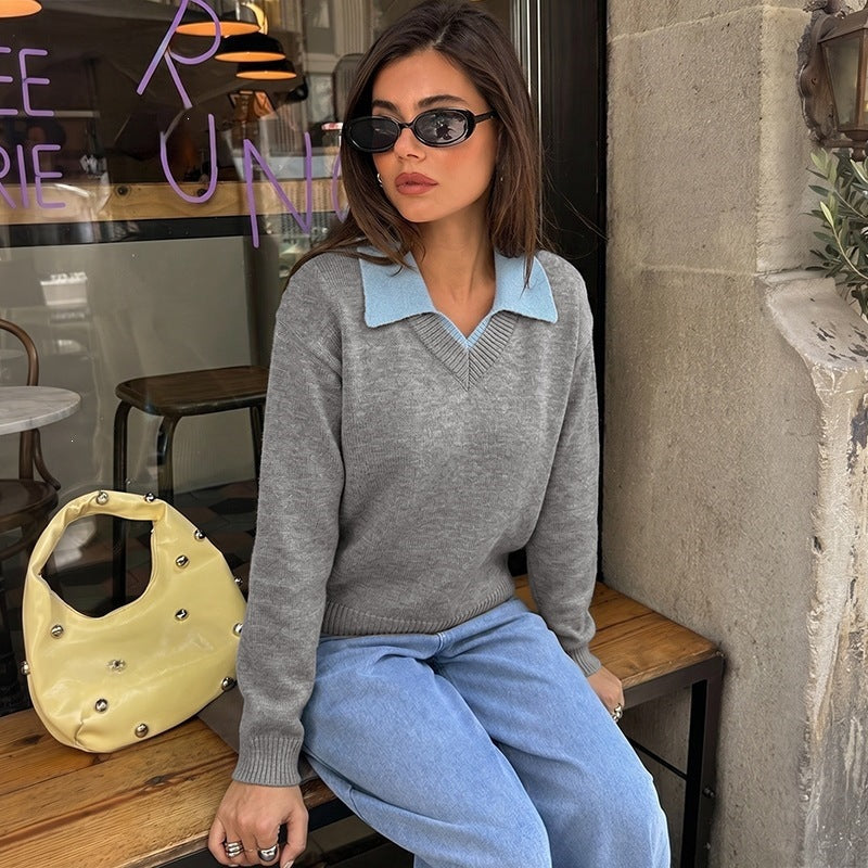 Damen Feinstrick-Polo-Pullover mit kontrastierendem Hemdkragen und V-Ausschnitt Nord Taschen
