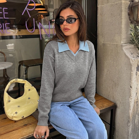 Damen Feinstrick-Polo-Pullover mit kontrastierendem Hemdkragen und V-Ausschnitt Nord Taschen
