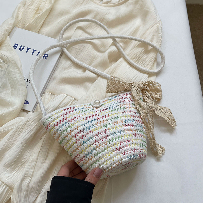 Damen Strick-Umhängetasche mit dekorativem Spitzenband Nord Taschen