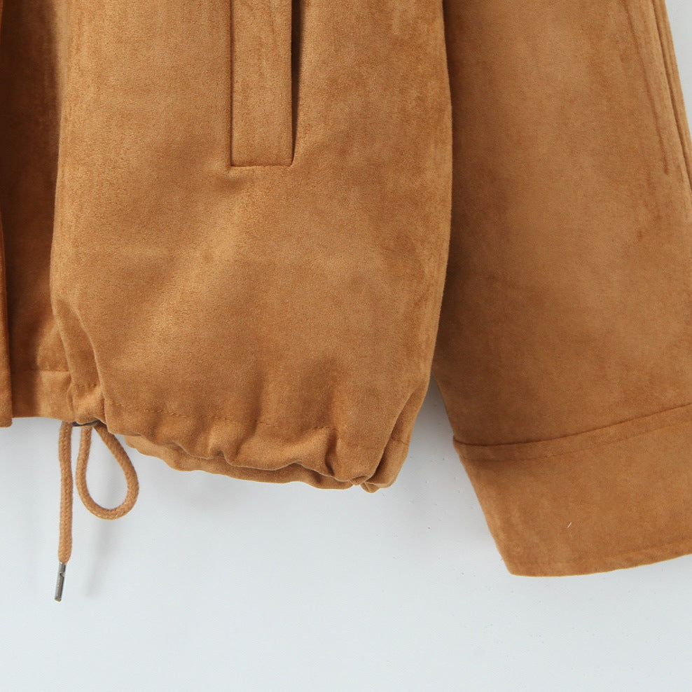 Damen Kurzjacke aus Wildleder mit Stehkragen, verdecktem Reißverschluss und Tunnelzug Nord Taschen