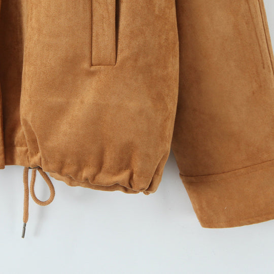 Damen Kurzjacke aus Wildleder mit Stehkragen, verdecktem Reißverschluss und Tunnelzug Nord Taschen