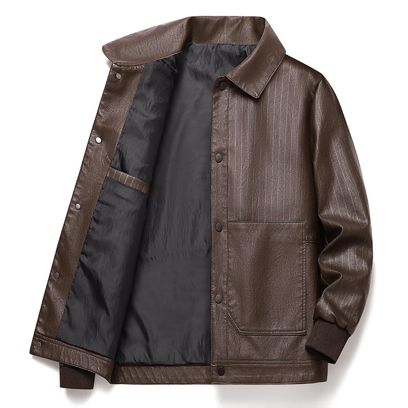 Herren Pinstripe Kunstleder-Truckerjacke mit Druckknopffront und gerippten Bündchen Nord Taschen