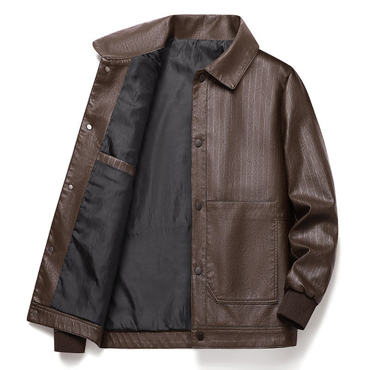 Herren Pinstripe Kunstleder-Truckerjacke mit Druckknopffront und gerippten Bündchen Nord Taschen
