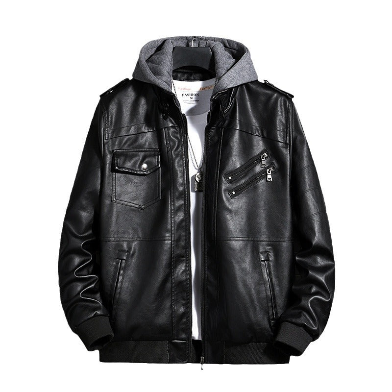 Herren Modische Lederjacke mit Kapuze Nord Taschen