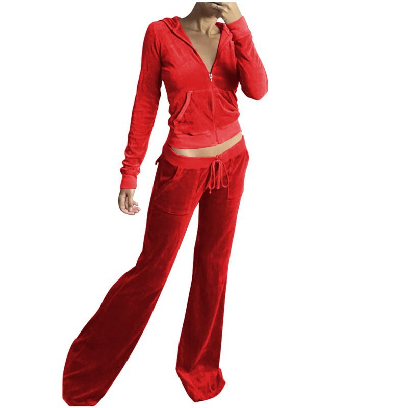 Damen Samtvelours Cropped-Zipjacke mit Kängurutasche und hochgeschnittener Bündchenhose Nord Taschen