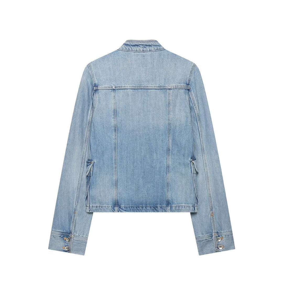 Damen Boxy-Denimjacke im Safari‑Look mit Stehkragen und vier aufgesetzten Taschen Nord Taschen