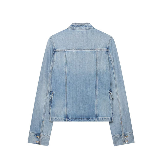 Damen Boxy-Denimjacke im Safari‑Look mit Stehkragen und vier aufgesetzten Taschen Nord Taschen