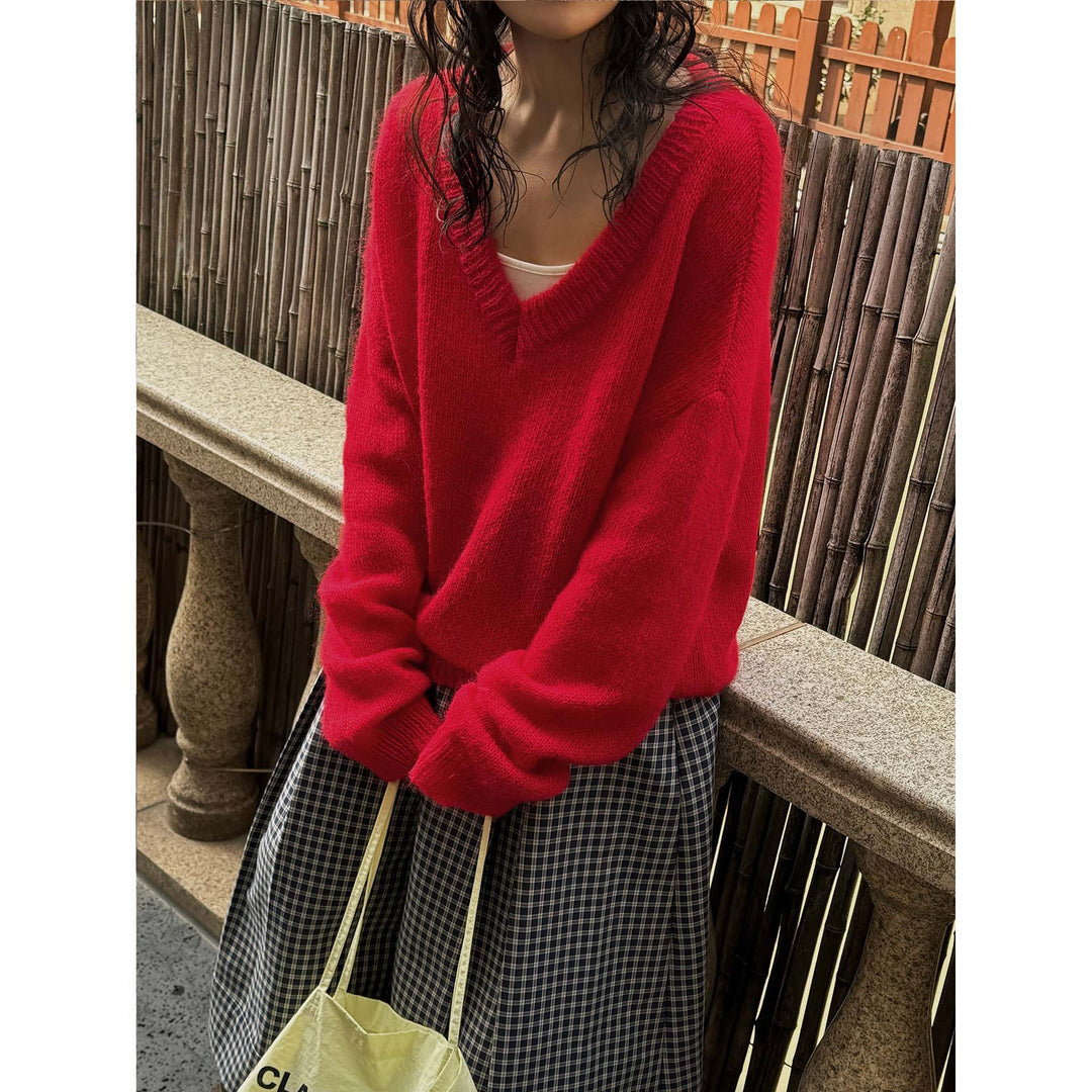 Damen Oversize Mohair‑Mix V-Ausschnitt Pullover mit extraweitem Ärmel Nord Taschen