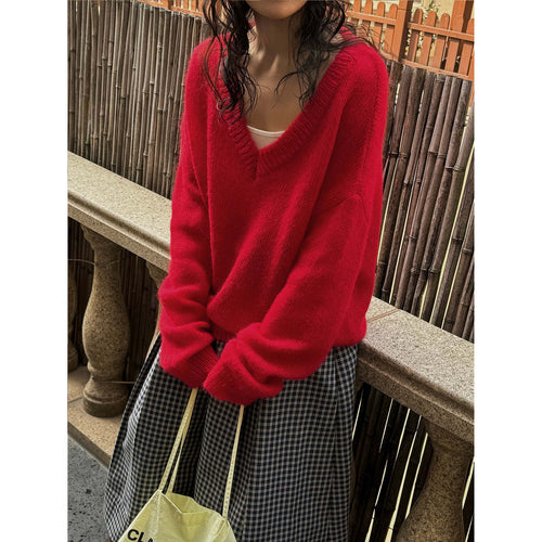 Damen Oversize Mohair‑Mix V-Ausschnitt Pullover mit extraweitem Ärmel Nord Taschen