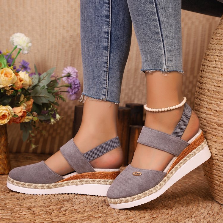 Damen  Espadrille-Keilpantoletten mit elastischem Fersenriemen, Veloursoptik-Obermaterial und geflochtenem Jute-Plateau Nord Taschen