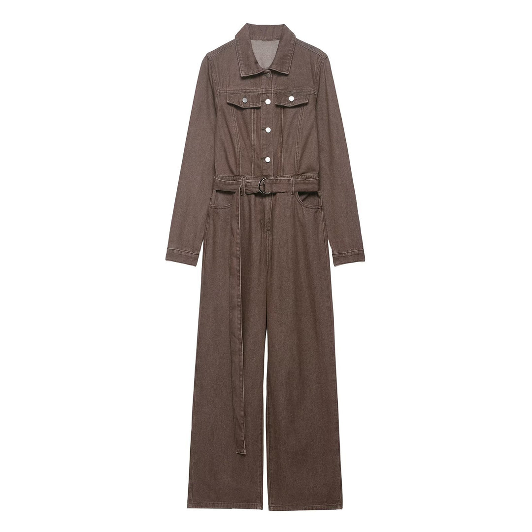 Damen Weicher Denim-Overall mit Hemdkragen, taillierendem Gürtel und weitem Bein Nord Taschen