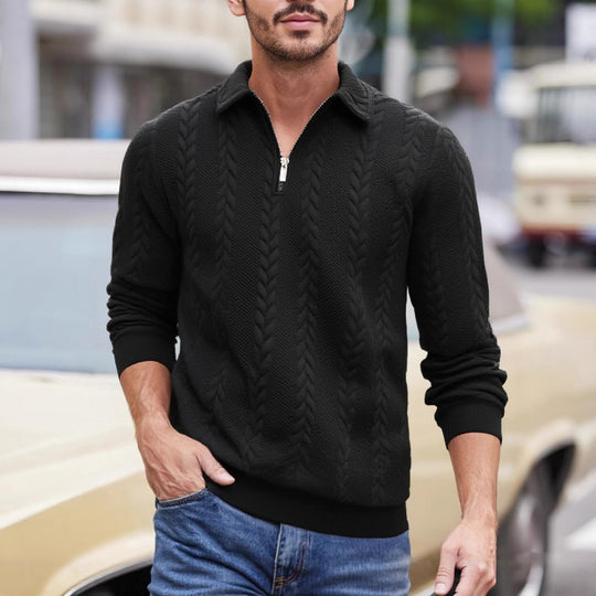 Herren grobgestrickter Troyer mit halbem Reißverschluss, Reverskragen und Zopfmuster Nord Taschen