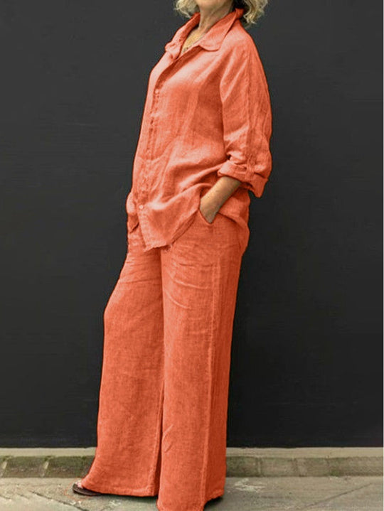 Damen Entspanntes Leinen-Set mit Oversize-Hemd und weiter Palazzo-Hose Nord Taschen