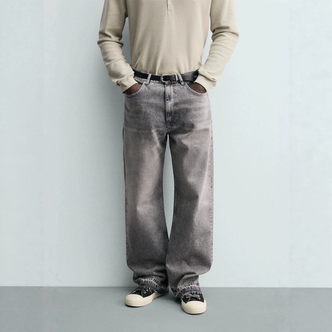 Herren Gerade geschnittene Jeans mit hoher Leibhöhe und Vintage‑Washed-Effekt Nord Taschen