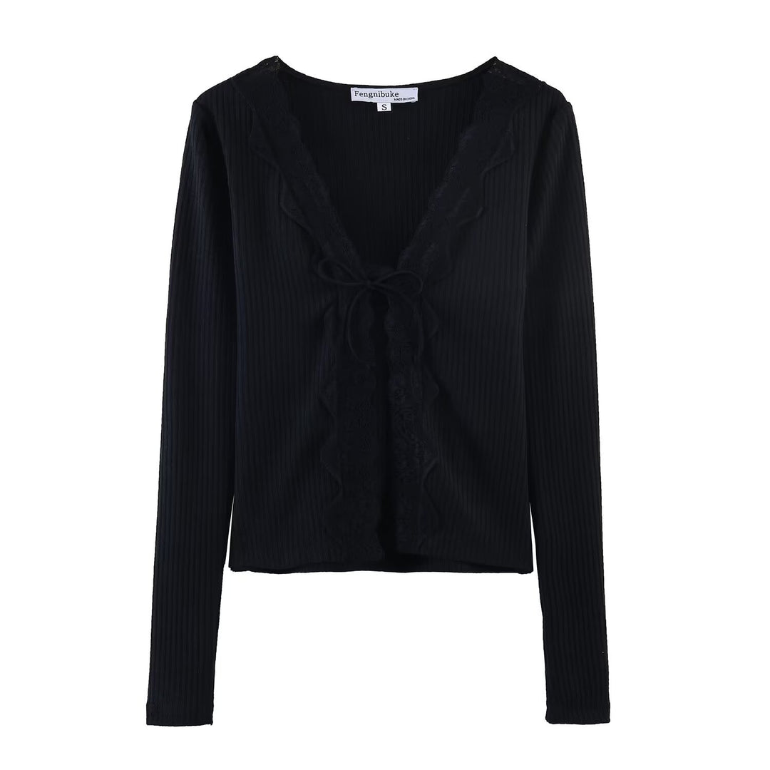 Damen Geripptes Cropped-Langarmtop mit Spitzen-V-Ausschnitt und Bindeband Nord Taschen