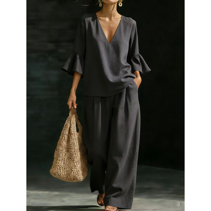 Damen Zweiteiliges V-Ausschnitt-Tunika-Set mit Volantärmeln und weitem hochtaillierten Palazzo-Hose Nord Taschen