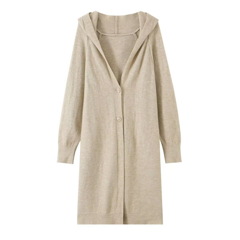 Damen Langer Kapuzen-Cardigan aus Feinstrick mit Knopfleiste und Rippbündchen Nord Taschen